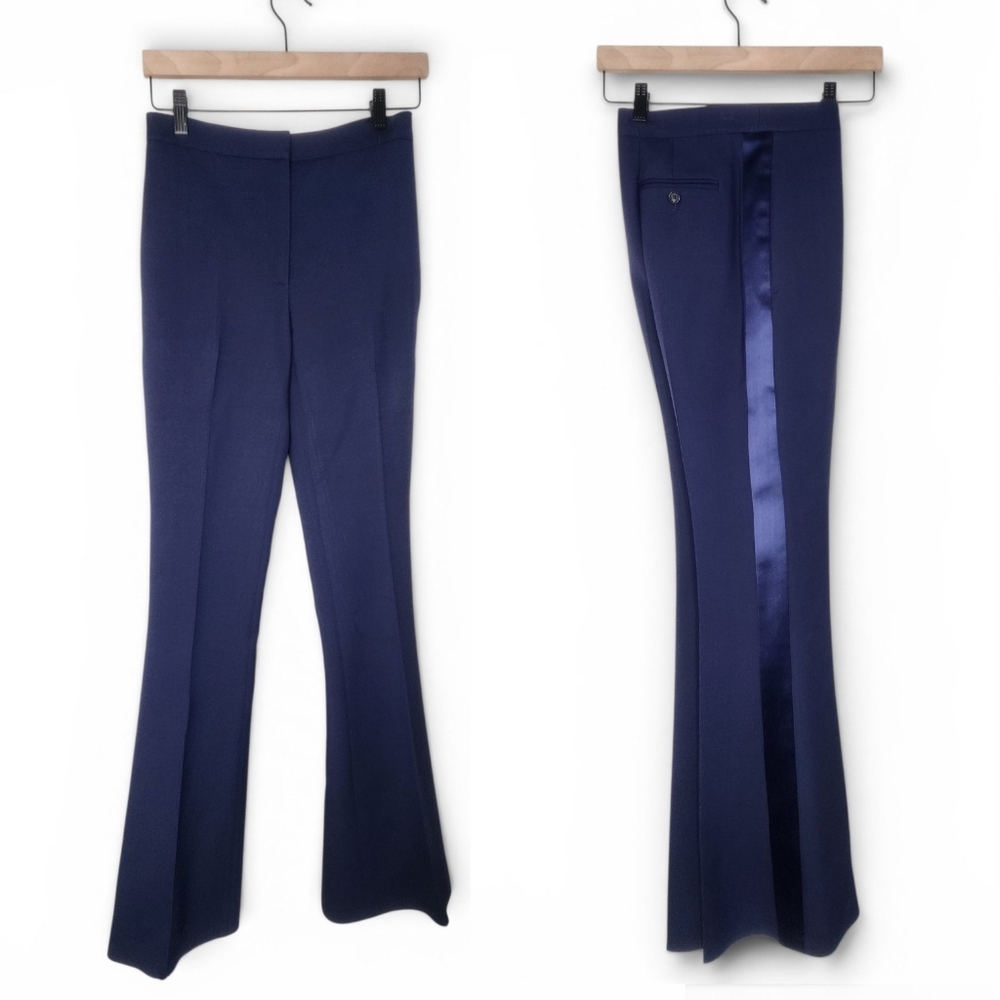 Alexander McQueen Flared Satin Tuxedo Stripe Wool Pants in Navy Size 40 Altered